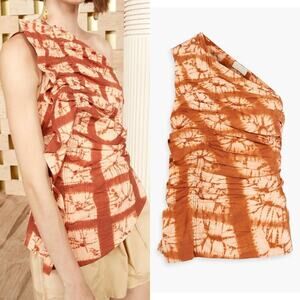 Ulla Johnson Senta One-Shoulder Ruffled Tie-Dyed Top Sequoia